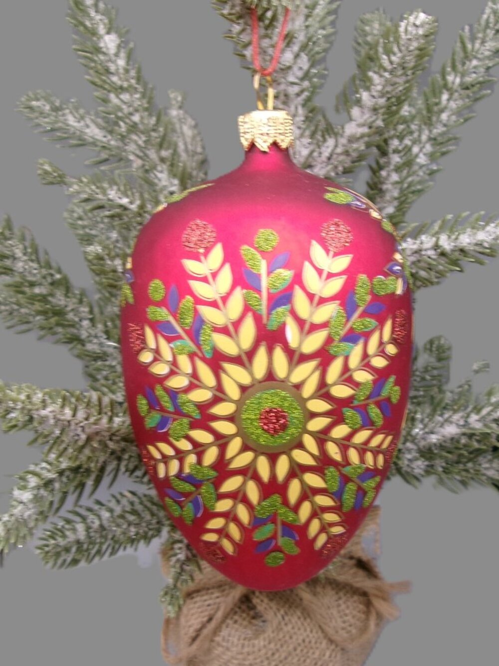 Vintage Red Pysanky Egg Christmas Ornament, Hand Painted Glass